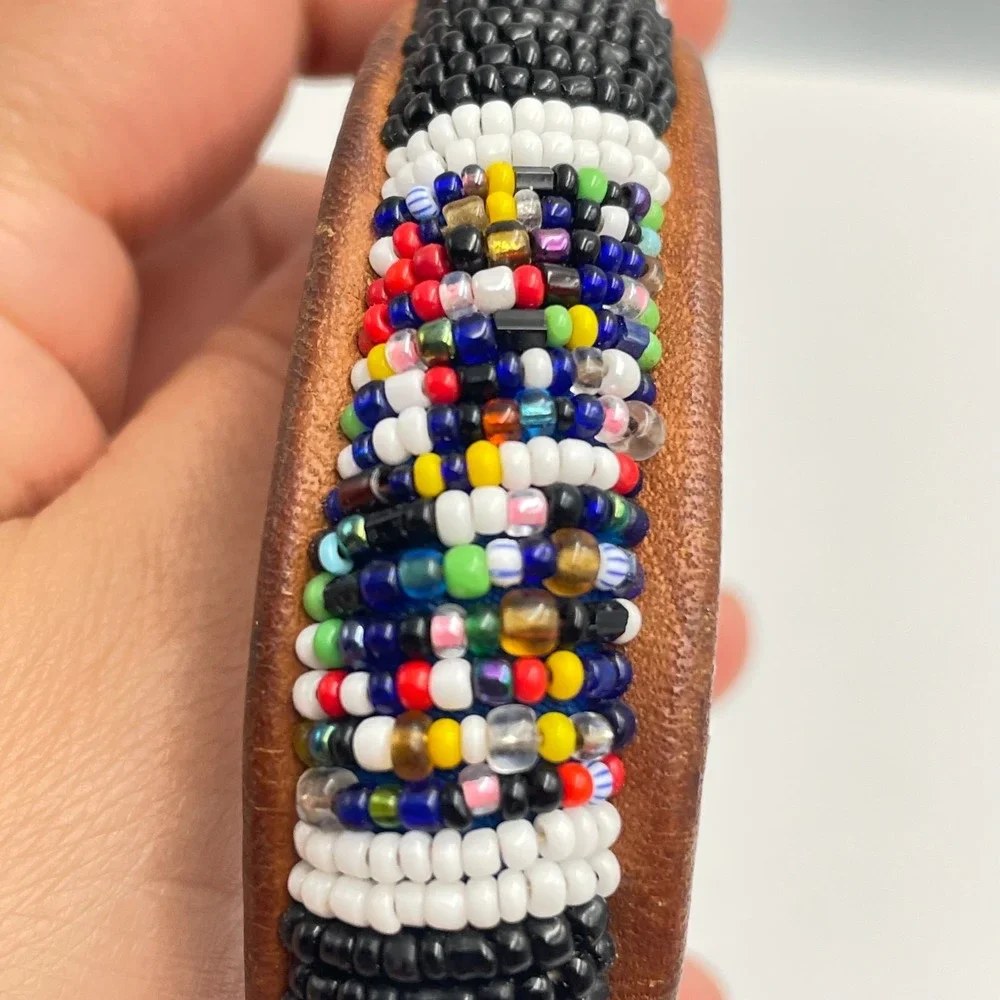 Vintage 90s Glass Bead Leather Bangle Bracelet Boho Tribal Fashion Jewelry Retro